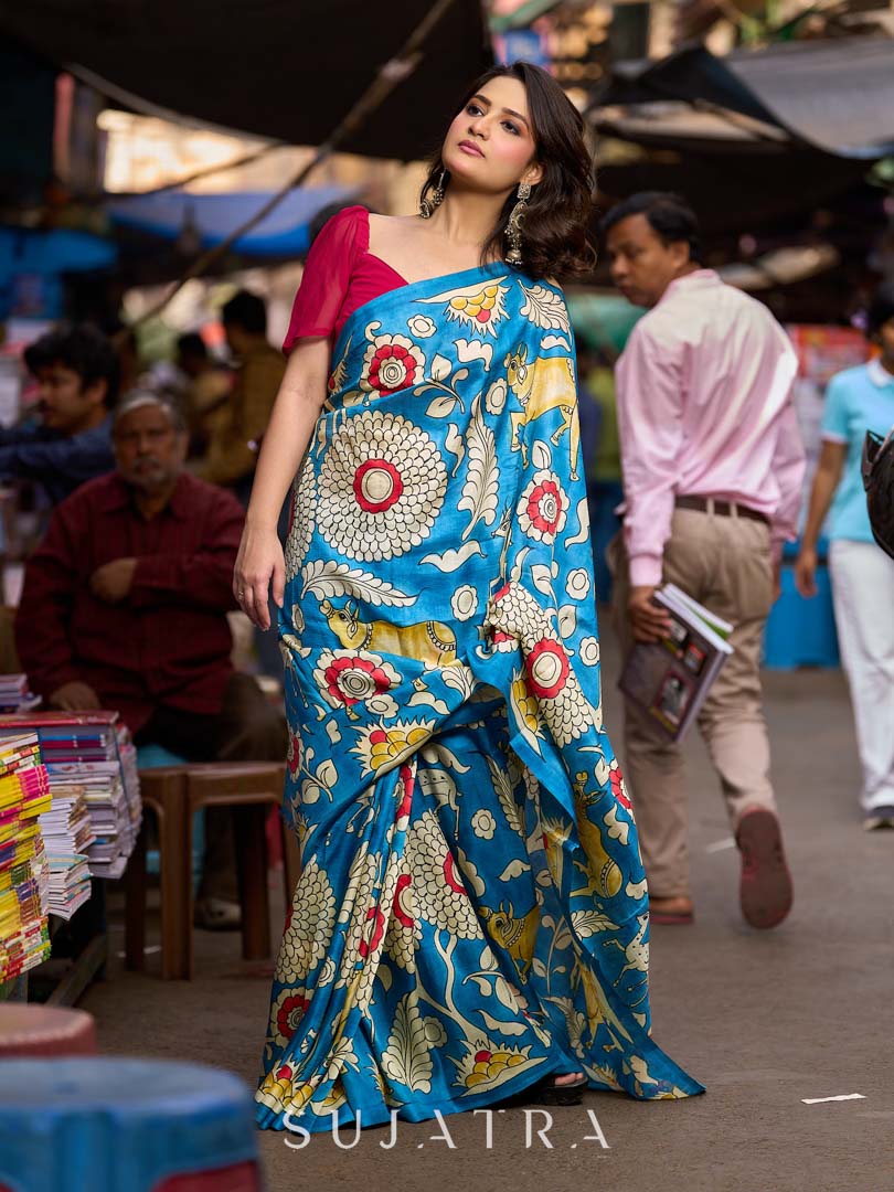 Heritage Blue Tussar Silk Saree with Bold Kalamkari Motifs