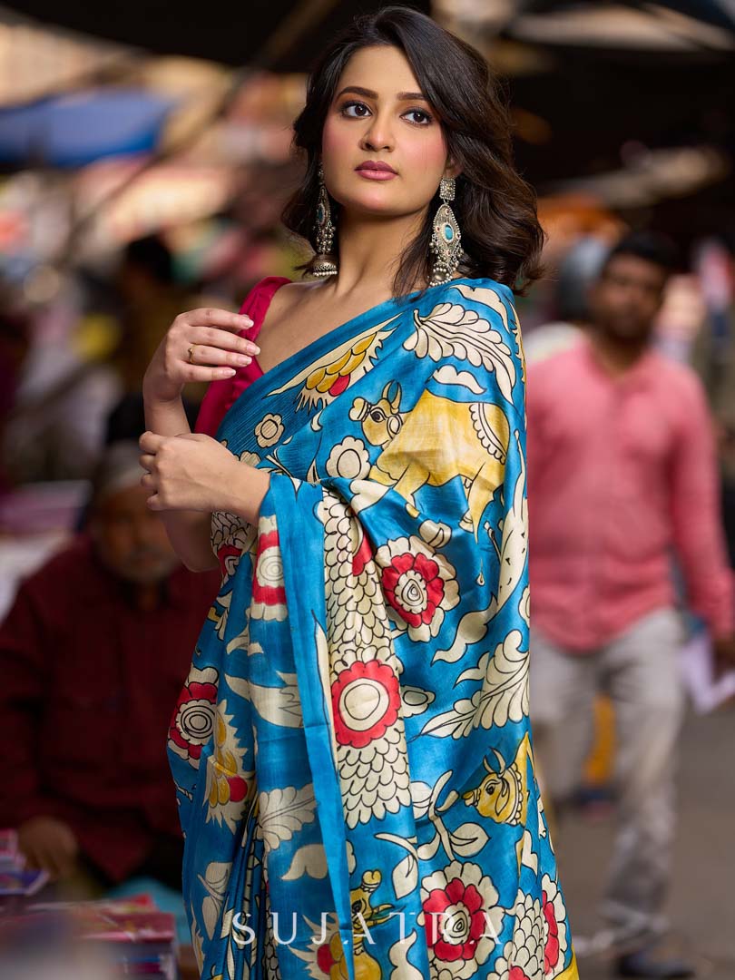 Heritage Blue Tussar Silk Saree with Bold Kalamkari Motifs
