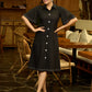 Black Elegance Cotton Shirt Dress with Kantha Stitches & Detailed Flared Sleeves