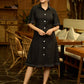 Black Elegance Cotton Shirt Dress with Kantha Stitches & Detailed Flared Sleeves