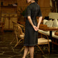 Black Elegance Cotton Shirt Dress with Kantha Stitches & Detailed Flared Sleeves