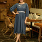Grey Grace Gathered Flowy Dress with Hand-Painted Bird & Contrast Belt
