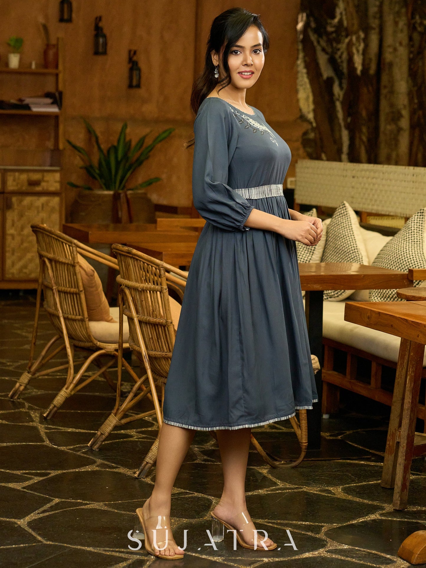 Grey Grace Gathered Flowy Dress with Hand-Painted Bird & Contrast Belt