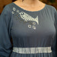 Grey Grace Gathered Flowy Dress with Hand-Painted Bird & Contrast Belt