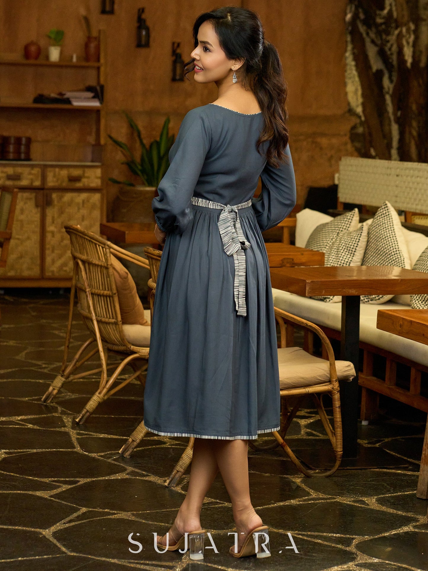 Grey Grace Gathered Flowy Dress with Hand-Painted Bird & Contrast Belt
