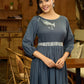 Grey Grace Gathered Flowy Dress with Hand-Painted Bird & Contrast Belt