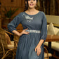 Grey Grace Gathered Flowy Dress with Hand-Painted Bird & Contrast Belt