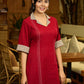 Elegant Maroon Cotton Lapel Dress with Contrast Ajrakh Accents