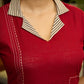 Elegant Maroon Cotton Lapel Dress with Contrast Ajrakh Accents