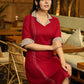 Elegant Maroon Cotton Lapel Dress with Contrast Ajrakh Accents