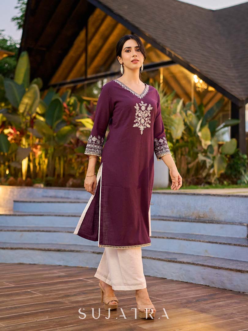 Elegant Purple Cotton Kurta with Intricate Contrast Thread Embroidery & Minimal Embellishment