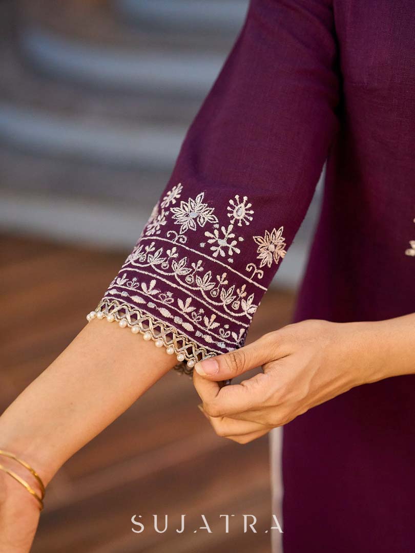 Elegant Purple Cotton Kurta with Intricate Contrast Thread Embroidery & Minimal Embellishment