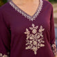 Elegant Purple Cotton Kurta with Intricate Contrast Thread Embroidery & Minimal Embellishment