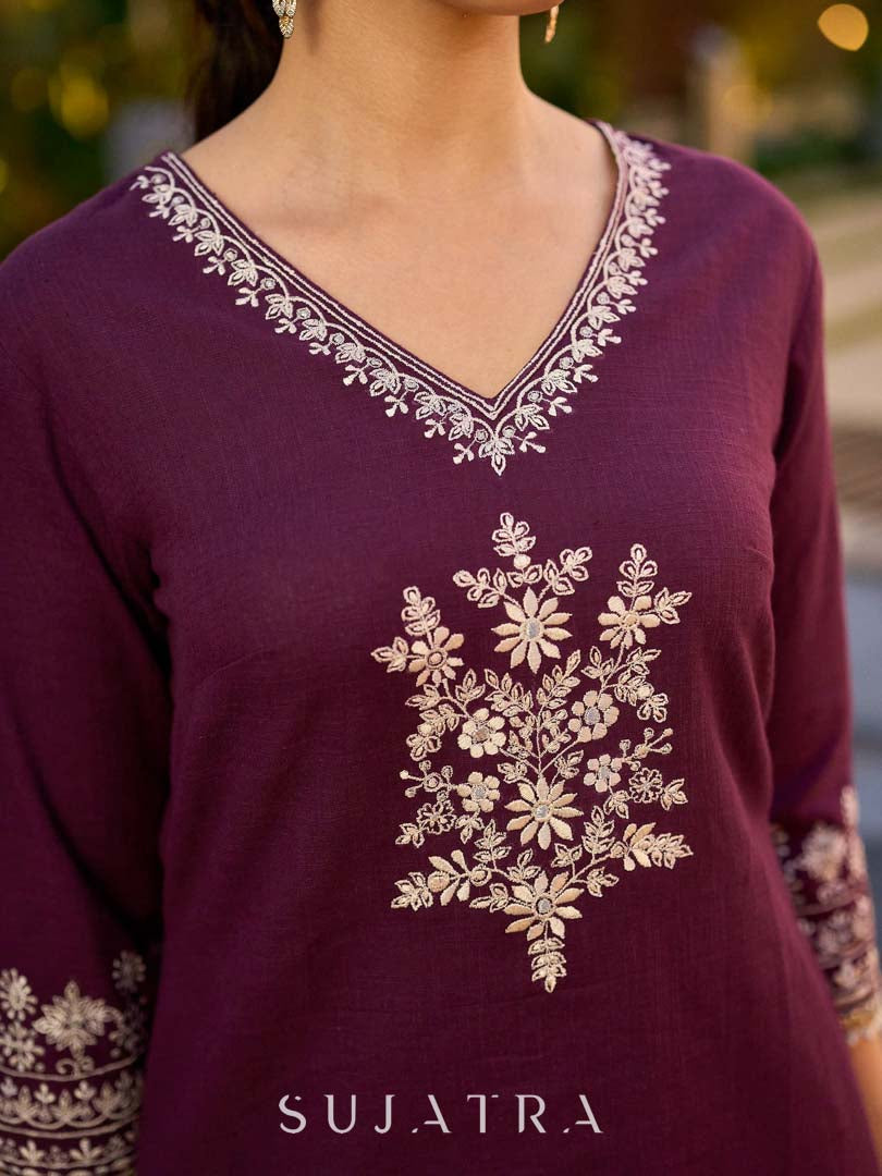 Elegant Purple Cotton Kurta with Intricate Contrast Thread Embroidery & Minimal Embellishment
