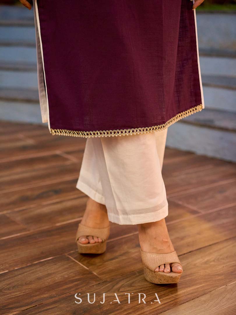 Elegant Purple Cotton Kurta with Intricate Contrast Thread Embroidery & Minimal Embellishment