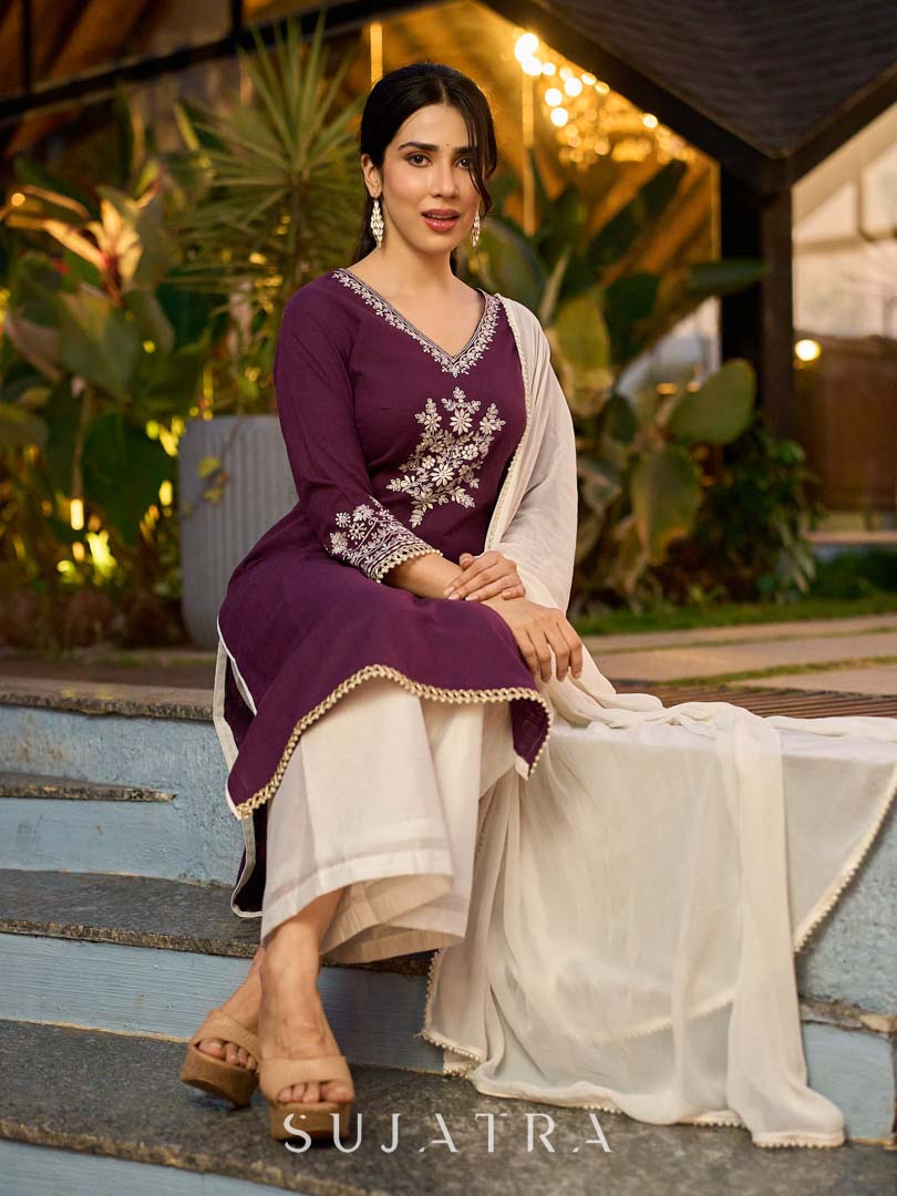 Elegant Purple Cotton Kurta with Intricate Contrast Thread Embroidery & Minimal Embellishment