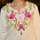 Graceful White Cotton Kurta Adorned with Striking Kashida Embroidery with Graceful Pink Chiffon Dupatta with Delicate Pearl & Mirror Lace