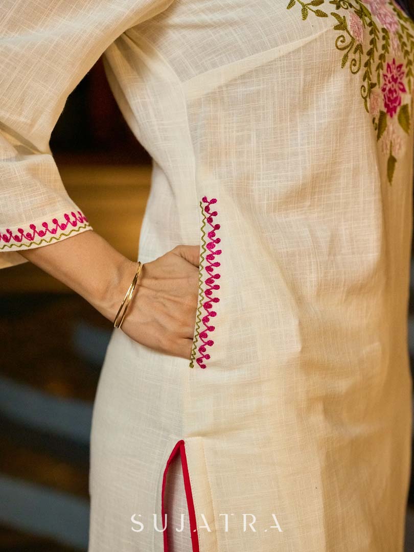 Graceful White Cotton Kurta Adorned with Striking Kashida Embroidery with Graceful Pink Chiffon Dupatta with Delicate Pearl & Mirror Lace