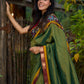 Exclusive green tissue saree with hand painted kalamkari borders & maharashtrian khun border