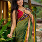 Exclusive green tissue saree with hand painted kalamkari borders & maharashtrian khun border