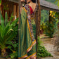 Exclusive green tissue saree with hand painted kalamkari borders & maharashtrian khun border