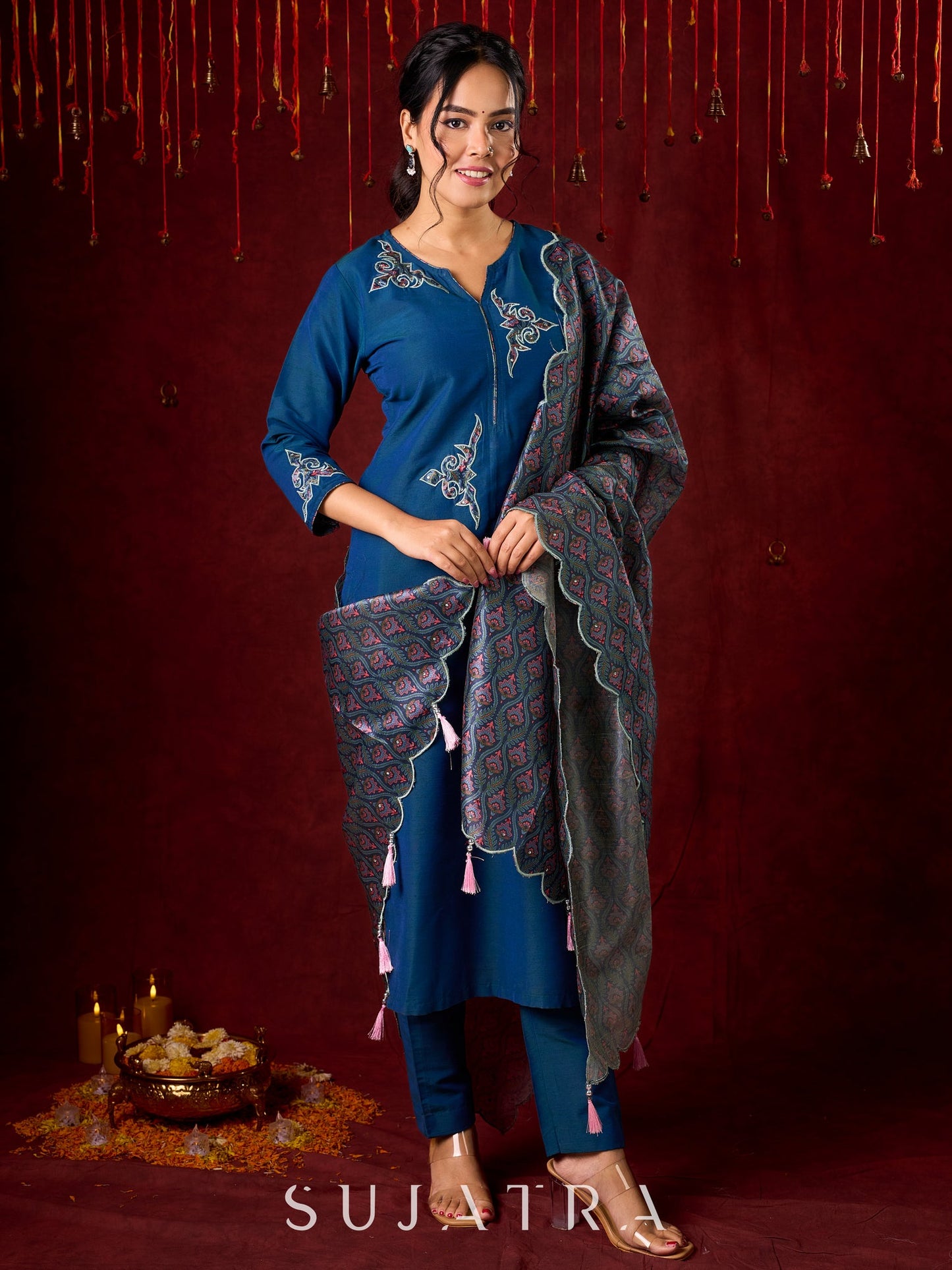 Contemporary peacock Cotton-Silk machine applique kurta - Pant and Dupatta optional