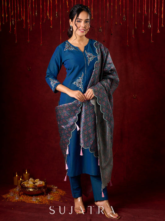 Contemporary peacock Cotton-Silk machine applique kurta - Pant and Dupatta optional