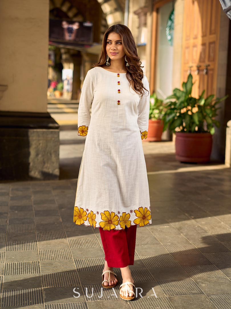 Graceful Ivory Kurta Featuring Statement Mustard Appliqué Florals on Hem & Cuffs