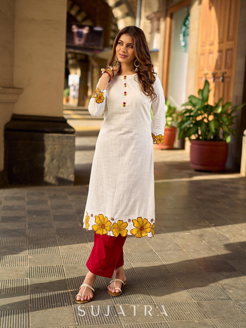 Graceful Ivory Kurta Featuring Statement Mustard Appliqué Florals on Hem & Cuffs
