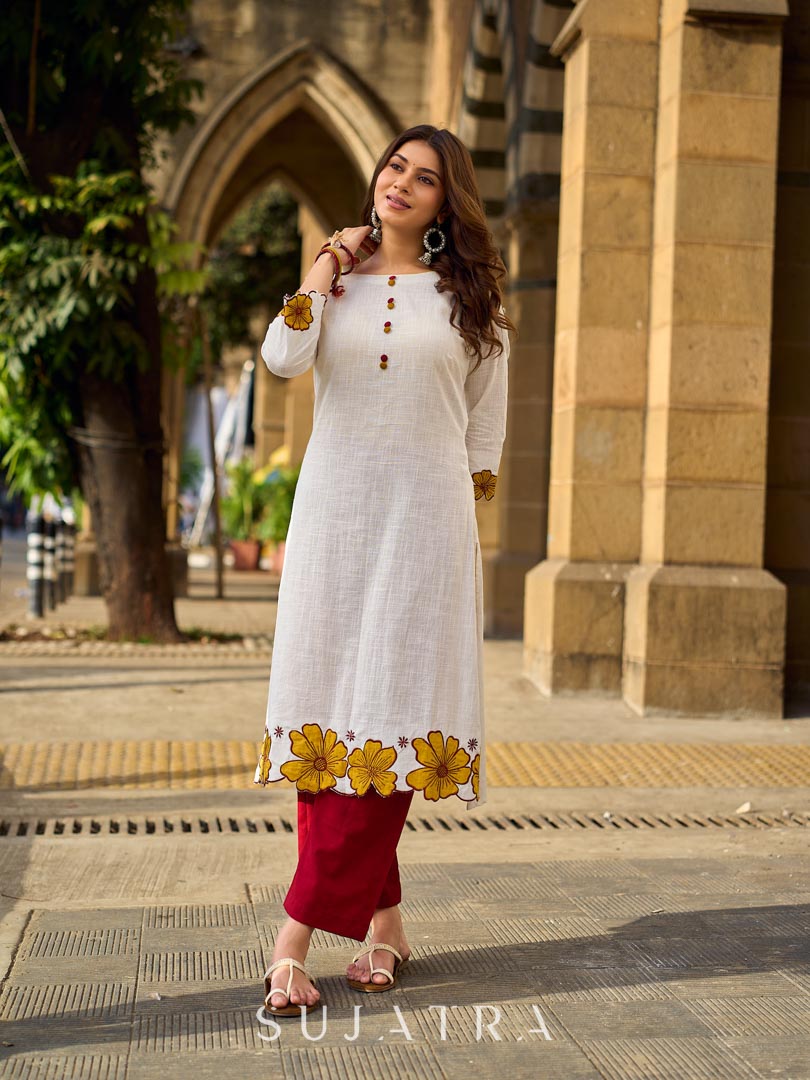 Graceful Ivory Kurta Featuring Statement Mustard Appliqué Florals on Hem & Cuffs