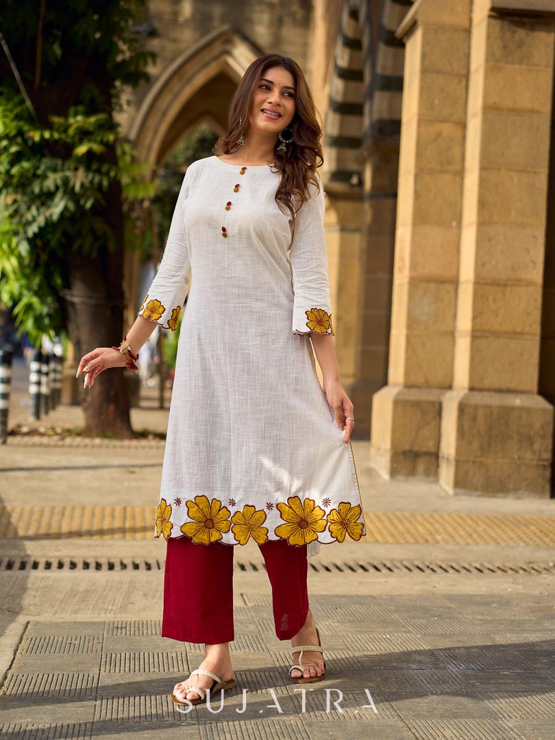 Graceful Ivory Kurta Featuring Statement Mustard Appliqué Florals on Hem & Cuffs