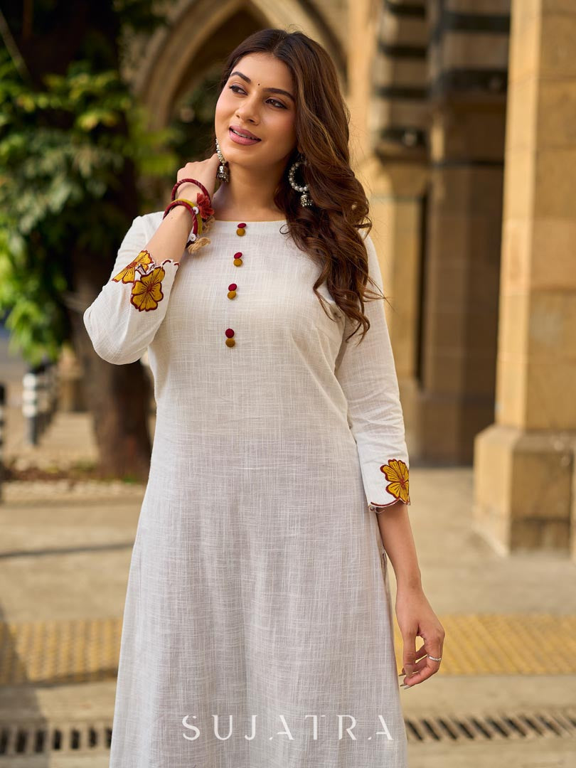 Graceful Ivory Kurta Featuring Statement Mustard Appliqué Florals on Hem & Cuffs