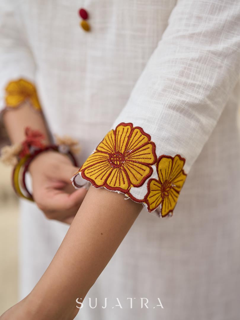 Graceful Ivory Kurta Featuring Statement Mustard Appliqué Florals on Hem & Cuffs