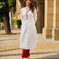 Breezy White Self-Stripe Cotton Kurta with Hand-Embroidered Floral Placket & Sleeves