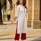 Breezy White Self-Stripe Cotton Kurta with Hand-Embroidered Floral Placket & Sleeves
