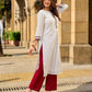Breezy White Self-Stripe Cotton Kurta with Hand-Embroidered Floral Placket & Sleeves