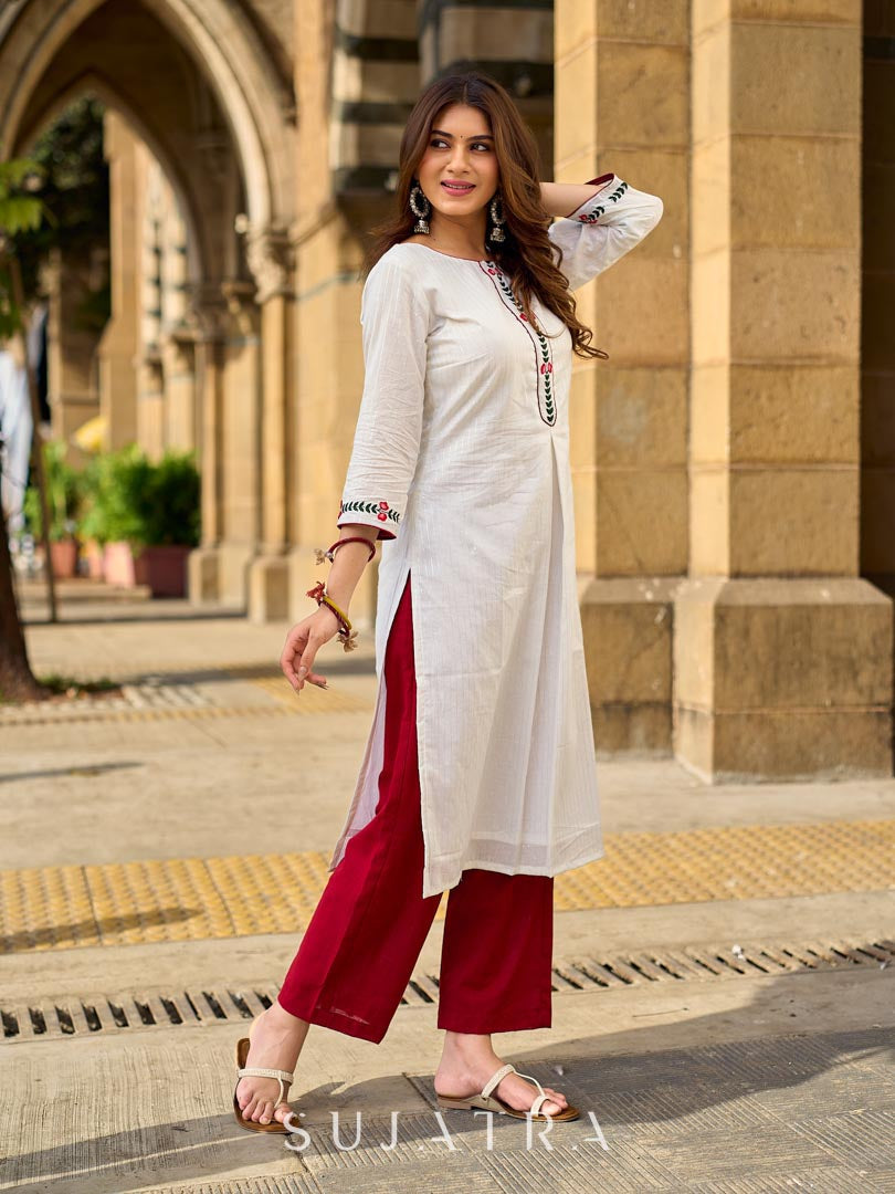 Breezy White Self-Stripe Cotton Kurta with Hand-Embroidered Floral Placket & Sleeves