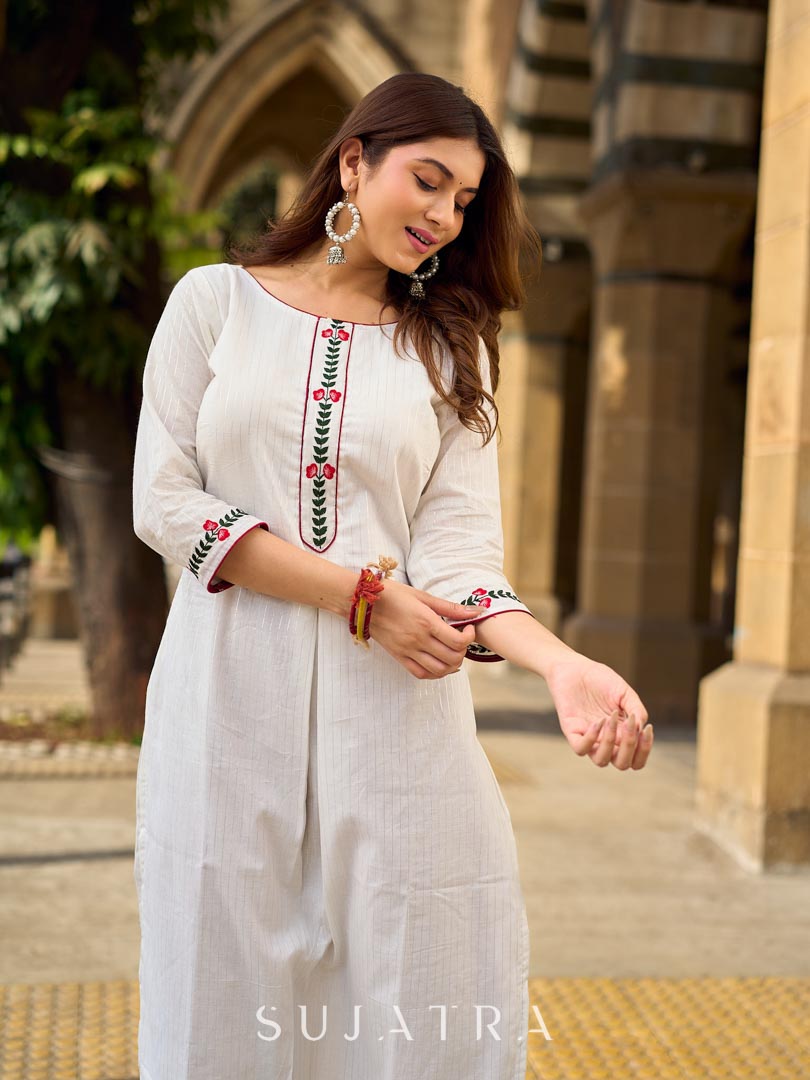 Breezy White Self-Stripe Cotton Kurta with Hand-Embroidered Floral Placket & Sleeves