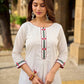 Breezy White Self-Stripe Cotton Kurta with Hand-Embroidered Floral Placket & Sleeves