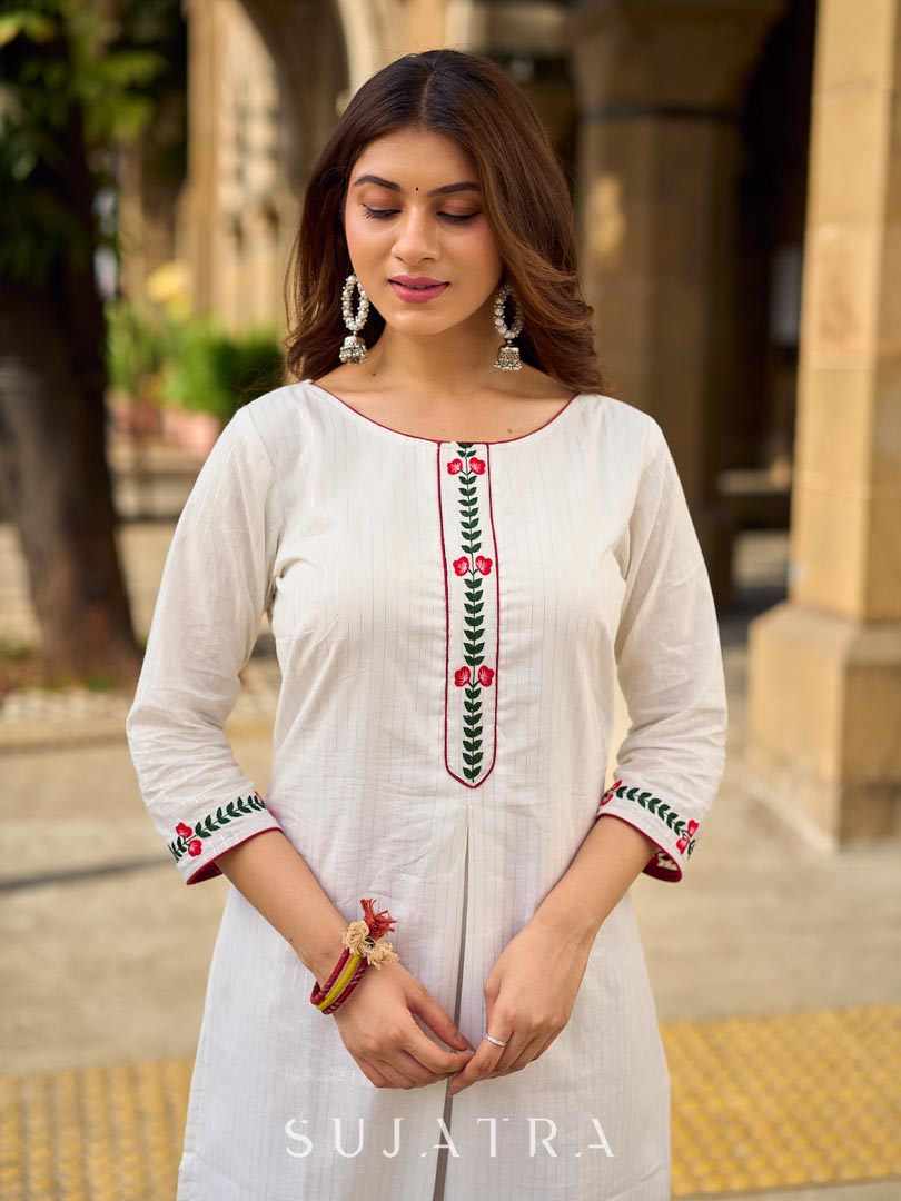 Breezy White Self-Stripe Cotton Kurta with Hand-Embroidered Floral Placket & Sleeves