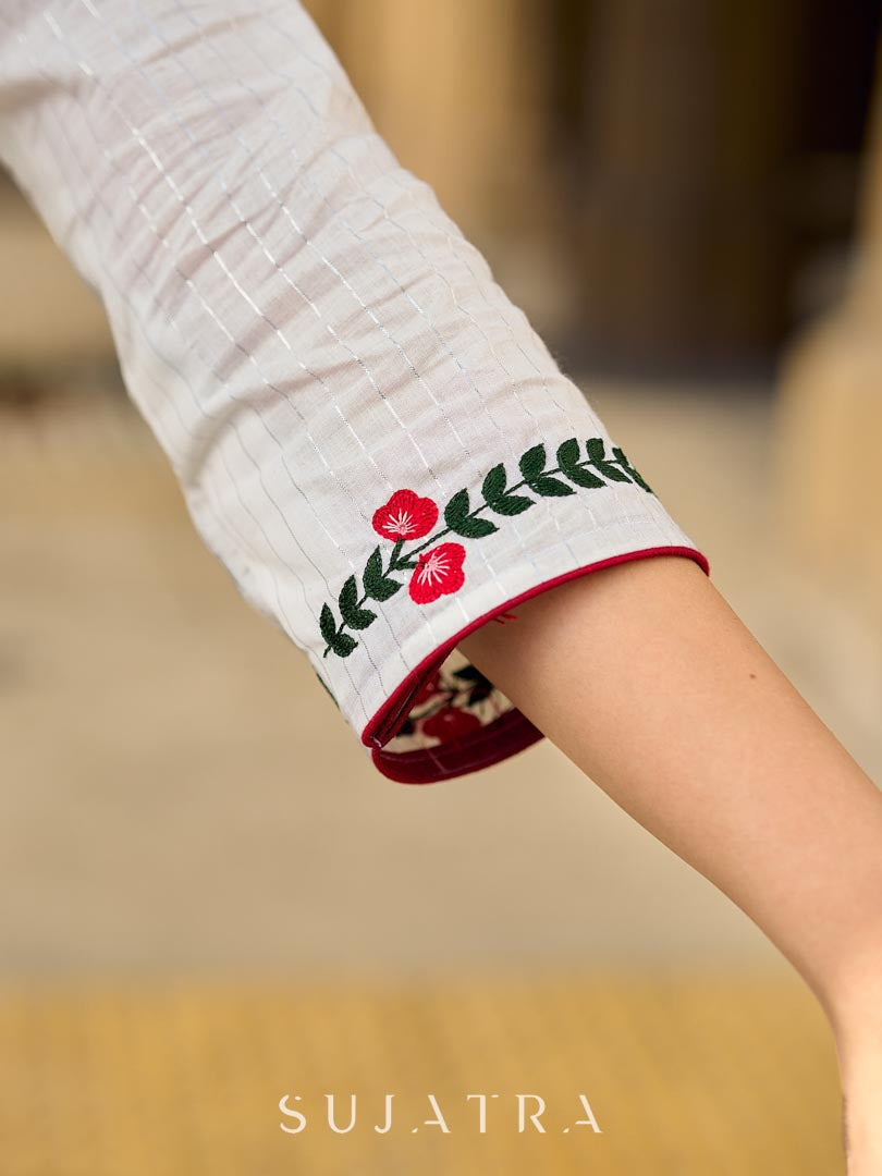 Breezy White Self-Stripe Cotton Kurta with Hand-Embroidered Floral Placket & Sleeves