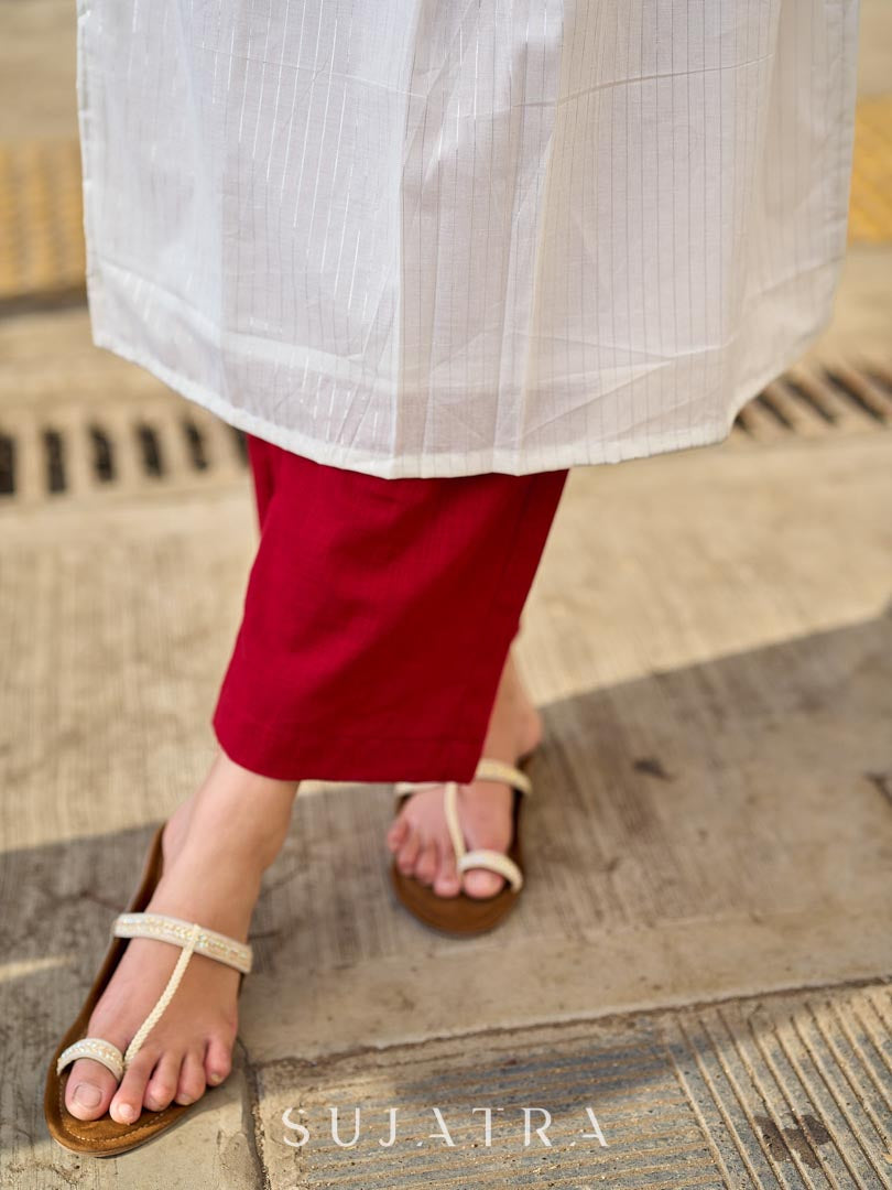 Breezy White Self-Stripe Cotton Kurta with Hand-Embroidered Floral Placket & Sleeves