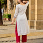 Breezy White Self-Stripe Cotton Kurta with Hand-Embroidered Floral Placket & Sleeves