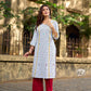 Classic White Ikat Cotton Kurta with Multicolor Butti & Contrast Yellow Highlight