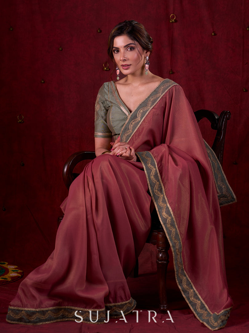 Soft Pink Silk Blend Saree with Intricate Green Chanderi Embroidered Border