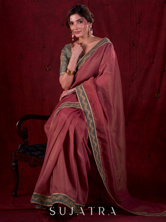 Soft Pink Silk Blend Saree with Intricate Green Chanderi Embroidered Border