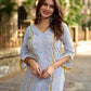 Classic White Ikat Cotton Kurta with Multicolor Butti & Contrast Yellow Highlight