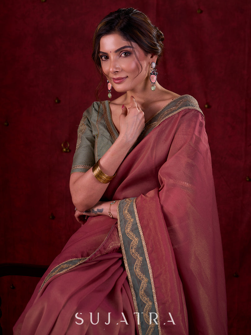 Soft Pink Silk Blend Saree with Intricate Green Chanderi Embroidered Border