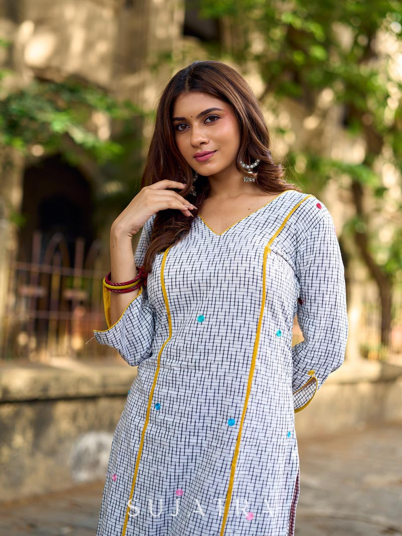 Classic White Ikat Cotton Kurta with Multicolor Butti & Contrast Yellow Highlight