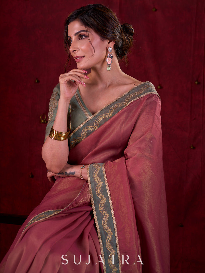 Soft Pink Silk Blend Saree with Intricate Green Chanderi Embroidered Border